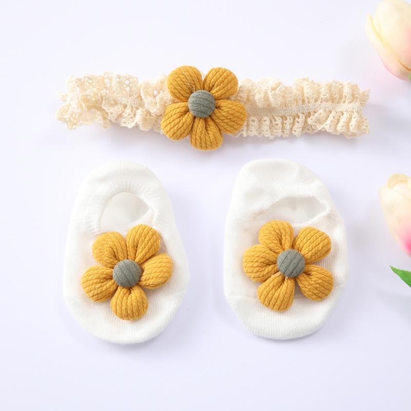 Baby Girl Knitting Flower Cotton Socks Anti-slip Floor Ankle Socks Lace Headband Set Newborn Gift Outfits