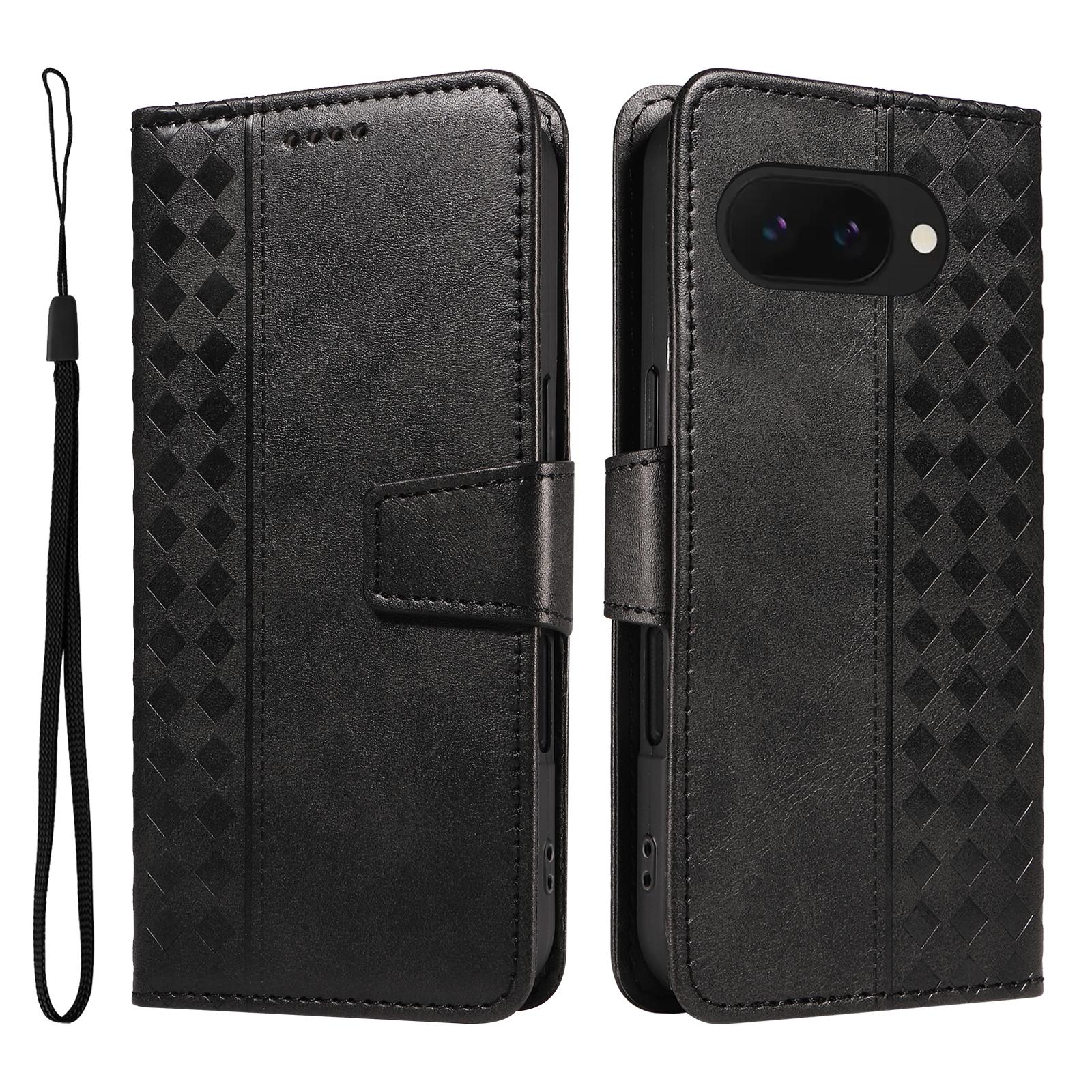 

For Google Pixel 9a Leather Case Wallet Stand Grids Imprinted Phone Cover with Strap Black