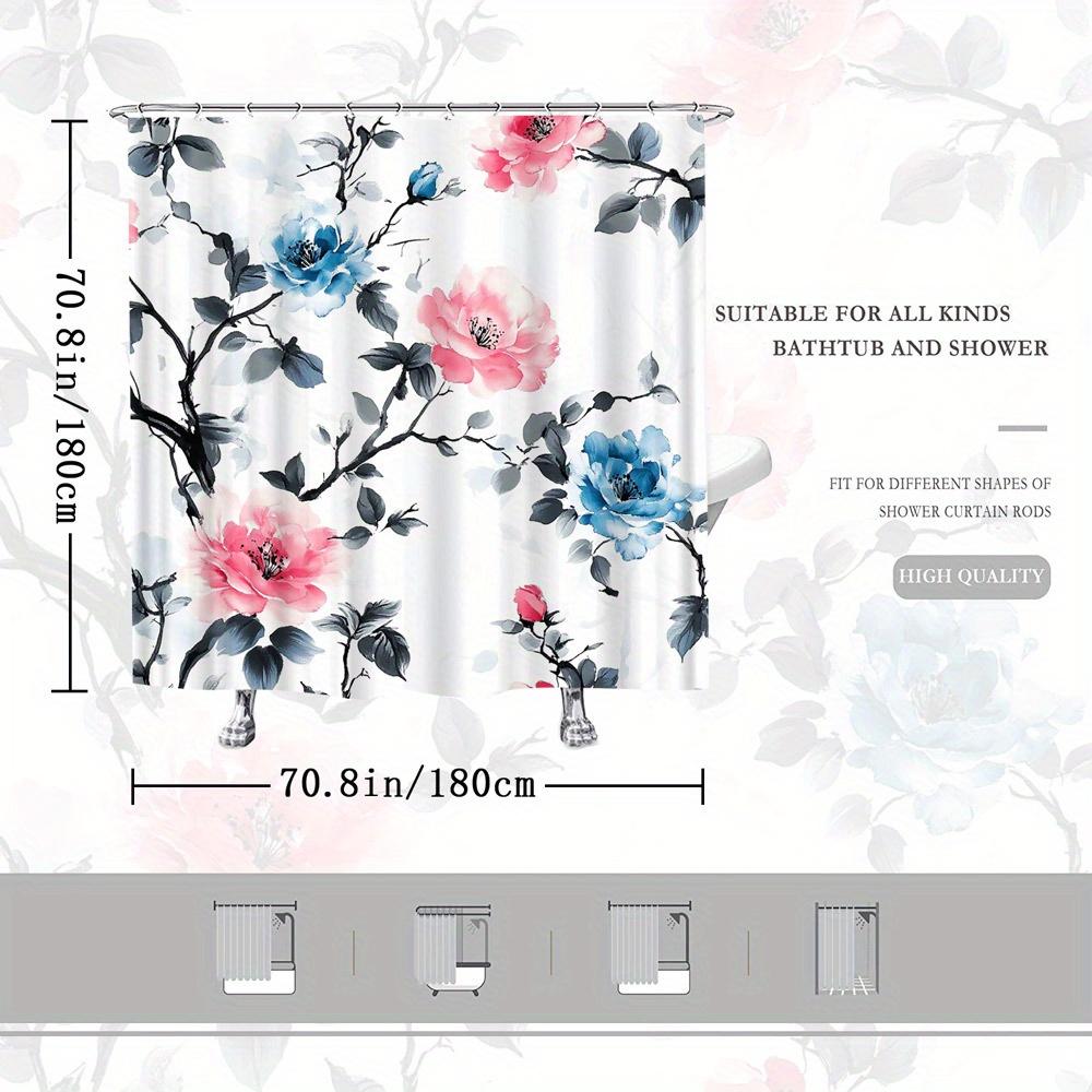 1pc Floral Watercolor Shower Curtain - Elegant Pink & Blue Blooms with Dark Branches, White Background, 70x70 Inches,