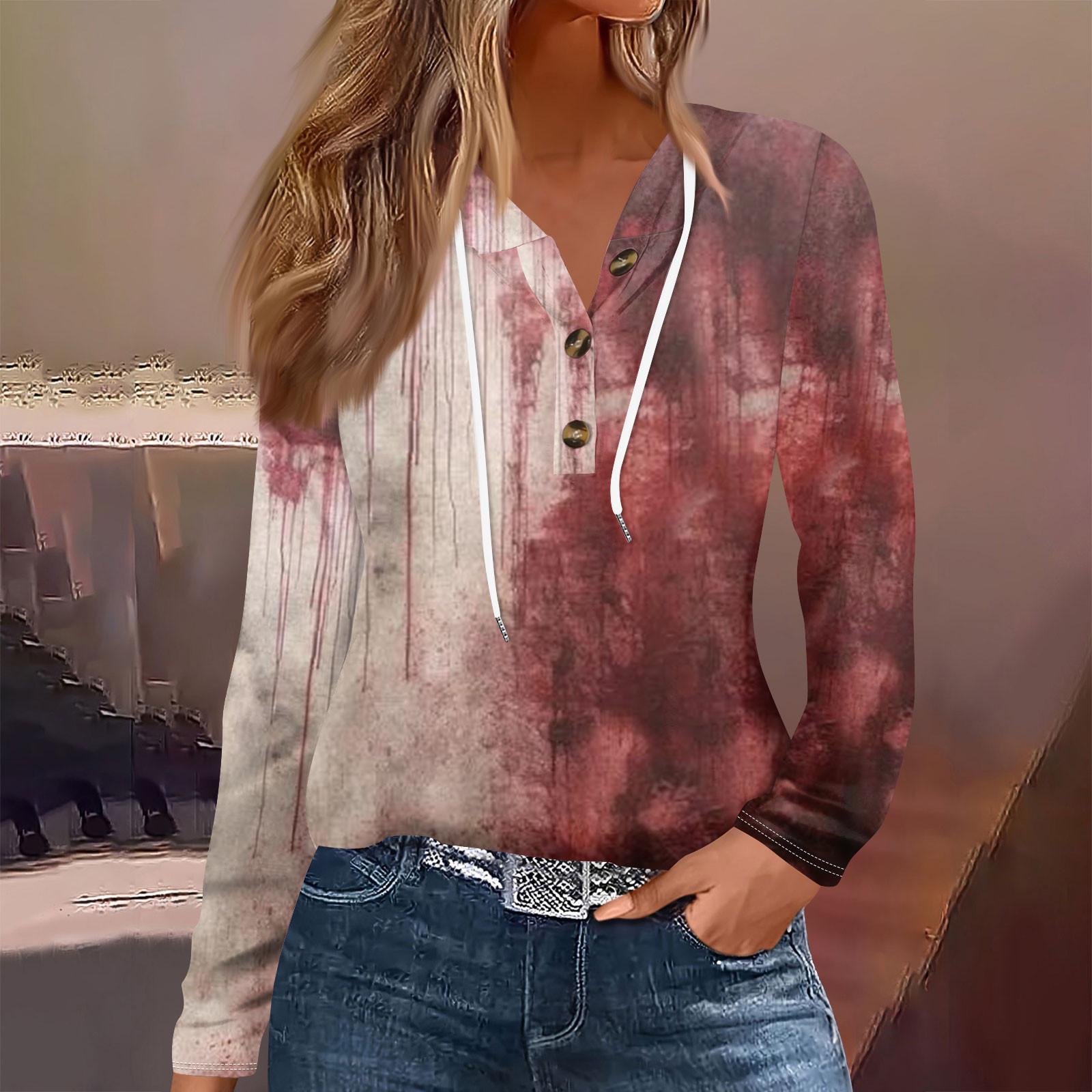 

Женская модная повседневная футболка с длинным рукавом на пуговицах с капюшоном и принтом на Хэллоуин S