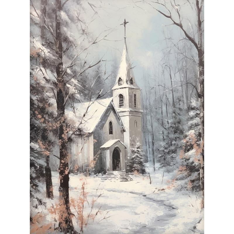 Christmas Holiday Horse Bunny Winter Landscape Church Barn Poster and Prints Painting Wall Pictures for Living Room Home Decor