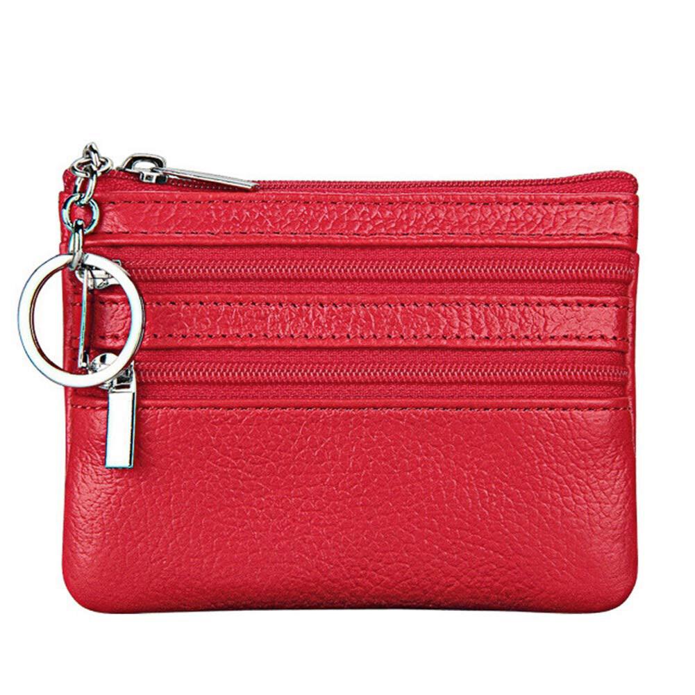Women's Genuine Leather Coin Purse Mini Pouch Change Wallet with Keychain NEW Three Zipper Fashion Multicolor