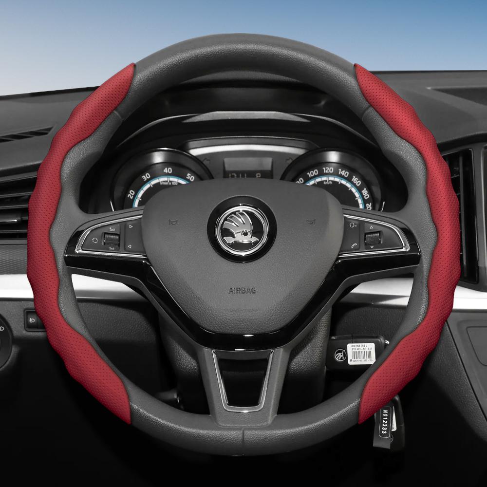 Suitable for Skoda Steering Wheel Cover with Wavy Sports Design, Breathable Leather, Segmented, Non-Slip, Sweat-Absorbent Protection for Octavia,