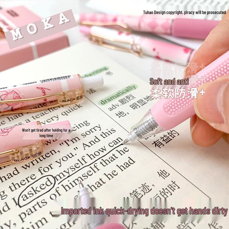 Elegant Rose ST Gel Pen Set - 6 Black High-Quality Push-Type Pens In Box