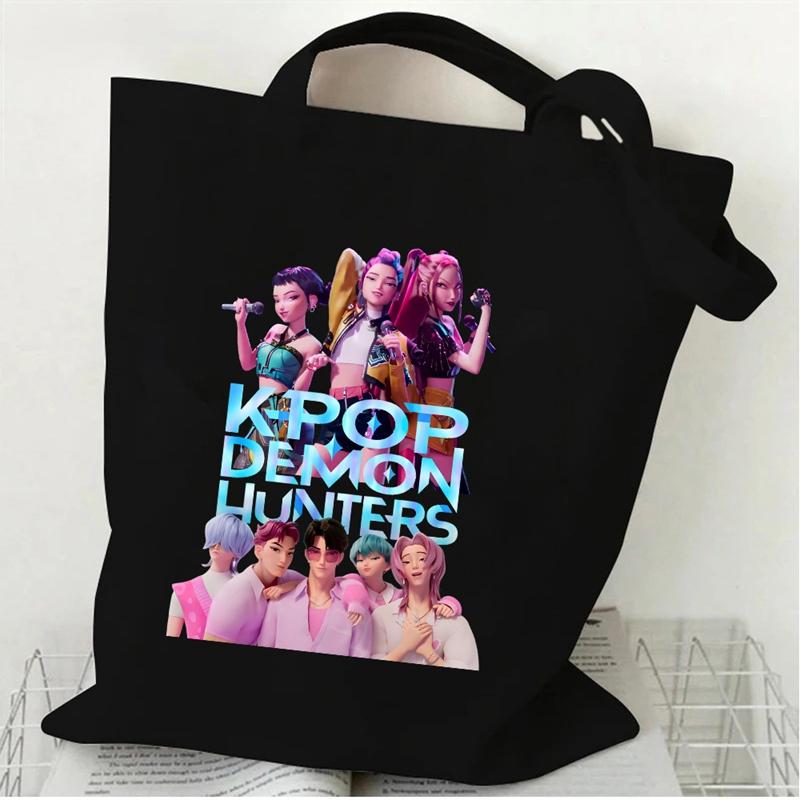 New Kpop Demon Hunters Black White Canvas Bag Saja Boys Anime Print Tote Bag Girls Trendy Lightweight Shoulder Bag