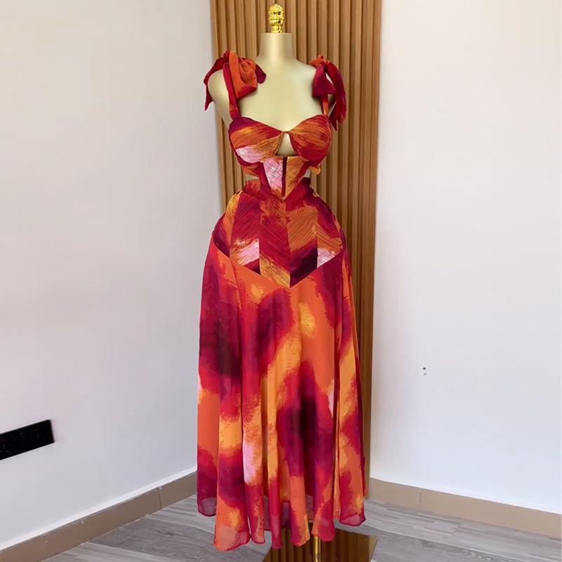 

2025 Spring Women s Sweet Print Lace-Up A-Line Maxi Dress Double Extra Large цветочные печати