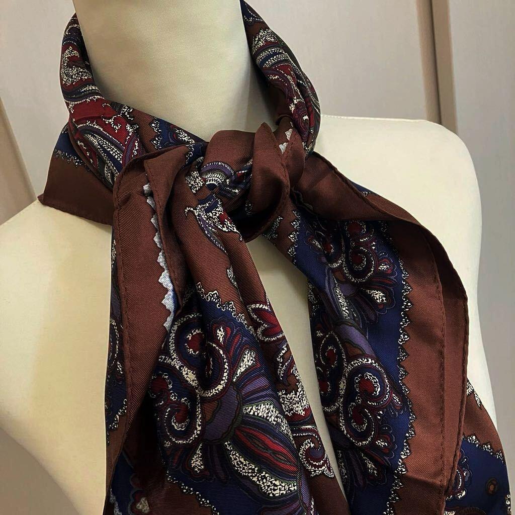 Used Scarf, silk scarf, 100% silk, large scarf, stole, shawl, all-over pattern, brown