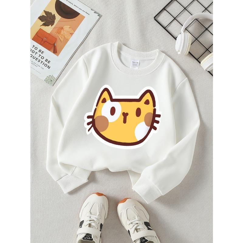 Kids Sweatshirt Crewneck Sweatshirt Cute Cat Face Sticker Design Pattern Machine Washable, Spring And Autumn, Sportswear And Casual Wear