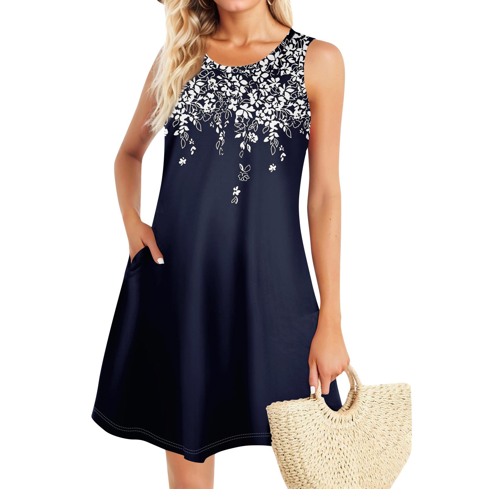 

Летние платья для женщин Пляжный Бохо без рукавов Винтажный принт Футболка с карманами Сарафаны-майки M