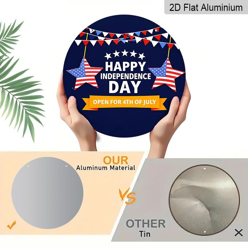2D Flat, 1pc Round "Happy Independence Day" Aluminum Hanging Sign, Patriotic USA Flag Star Bunting Design, Rustic 4th of July Metal Wall Decor