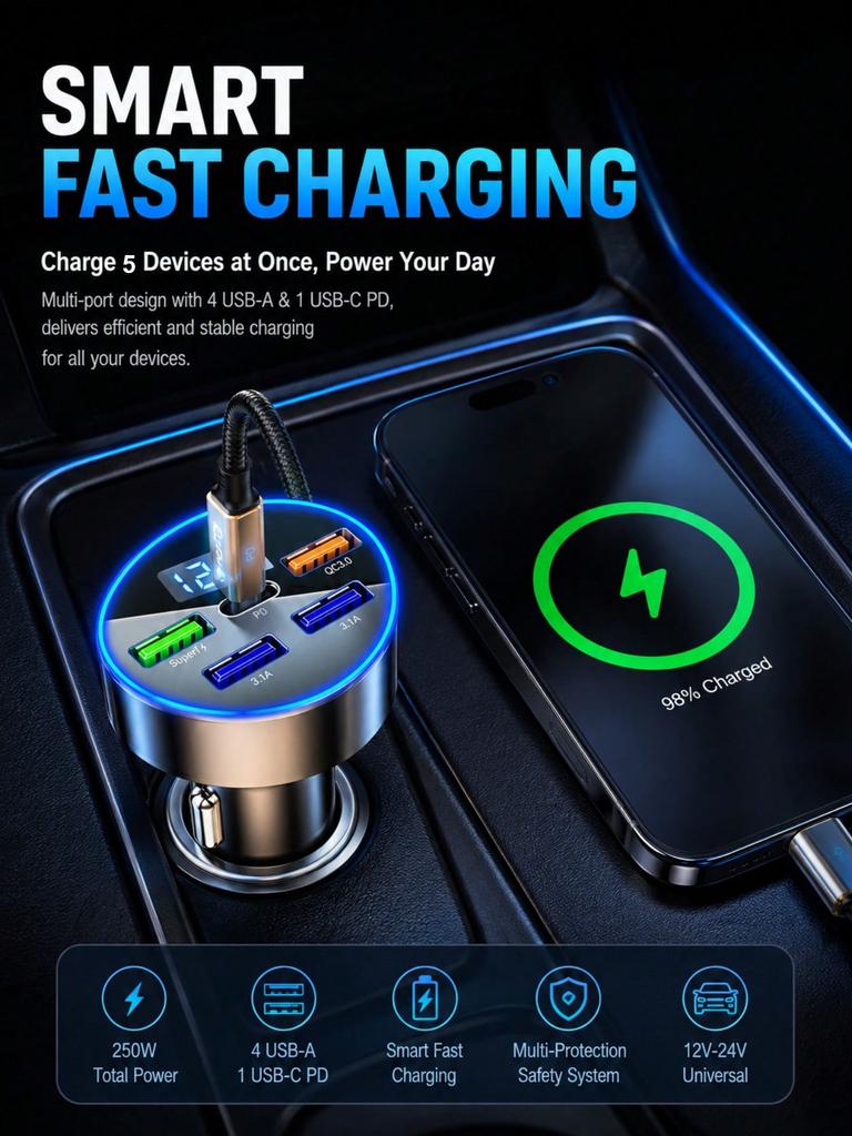 5-Port Car Charger PD+QC3.0 Fast Charger with Voltmeter USB-C Cigarette Lighter Adapter for iPhone 13 14 15 Android Phones