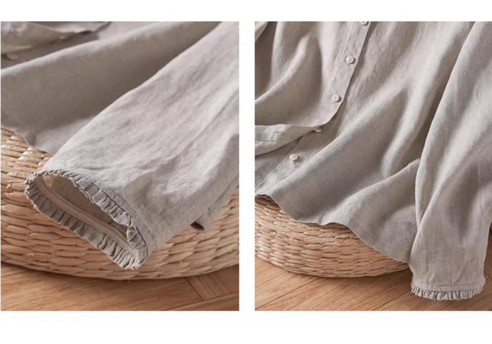 Autumn 2025 Cotton Linen Ruffle Trim Retro Long Sleeve Blouse