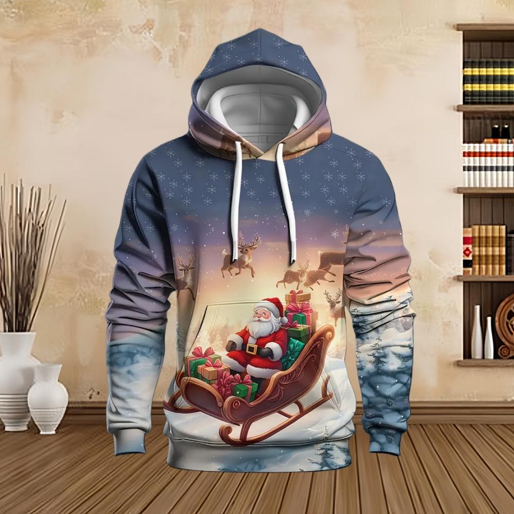 New in Sweatshirts Christmas Santa with Snowman Graphic Print Men's Cozy Drawstring Long Sleeve Pullover Sweatshirt Hoodie Tops