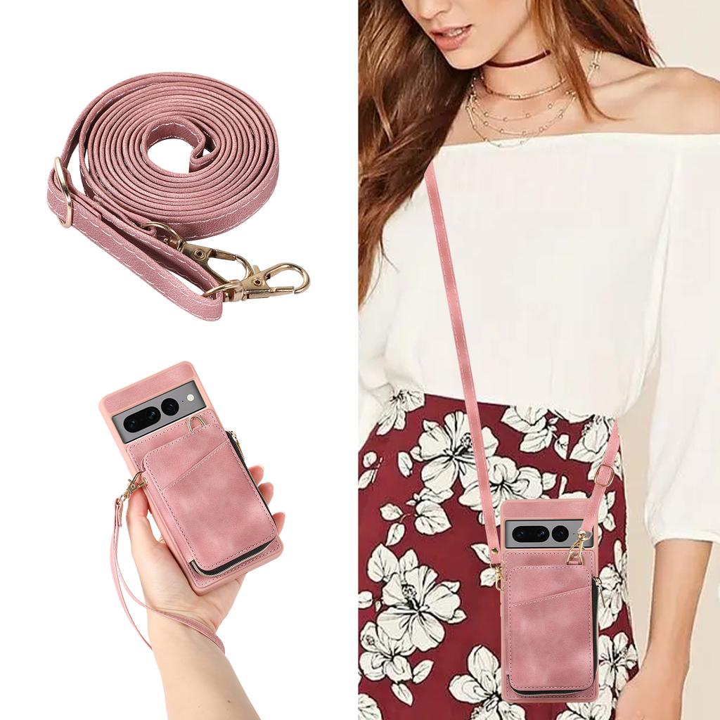 Zipper Crossbody Leather Wallet Necklace Lanyard Cards Solt Case For Google Pixel 7 Pro 7A 6A Bag Coin Purse Hand Strap Cover
