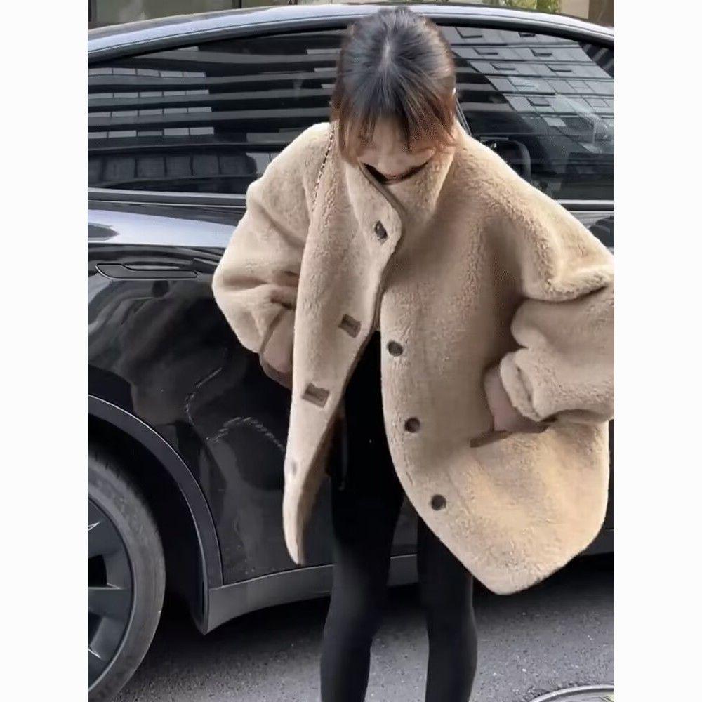 Women's Thick Shearling Stand Collar Jacket - Autumn/Winter, Loose Fit, Warm, Slimming Style
