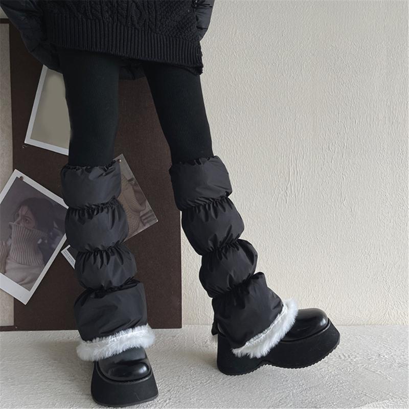 Women's Insulated Thermal Padded Puffer Leg Warmers Outdoor Cold Weather Plush Hem Quilted Boot Covers Gaiters Socks