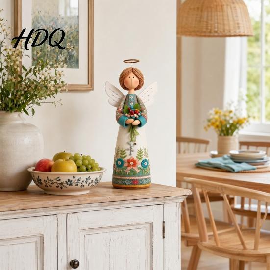 Fine Carving Ornament Vintage Floral Figurine Ornament Hand Carved Flower Angel Statue Decorative Figure with Wings Home Table Decoration for Living