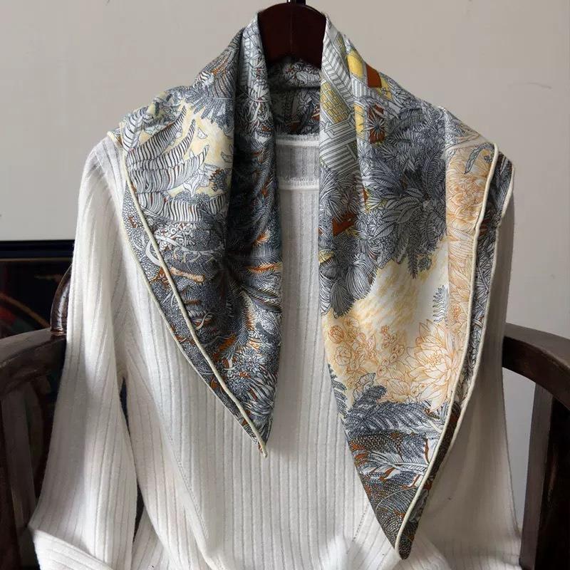 Double-sided Two-color Silk Wool Printed Silk Scarf Women's Tropical Jungle Silk Wool Scarf Light Luxury High-end Versatile Shawl