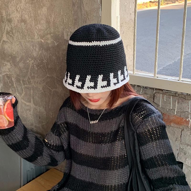 Simple Black and White Handmade Knitted Fisherman Hat for Women Showing Their Faces New Style  Temperament  Bucket Hat  Wool Basin Hat Niche
