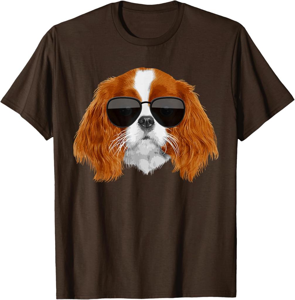 Cool Cavalier King Charles Sunglasses Dog Lover Graphic T-Shirt Soft Cotton Round Neck Tee