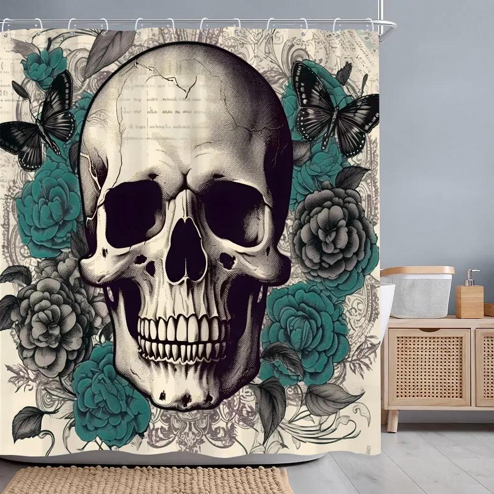 Halloween Skulls Roses Shower Curtain Horror Skulls Crows Red Flowers Polyester Fabric Shower Curtains Bathroom Decor with Hooks