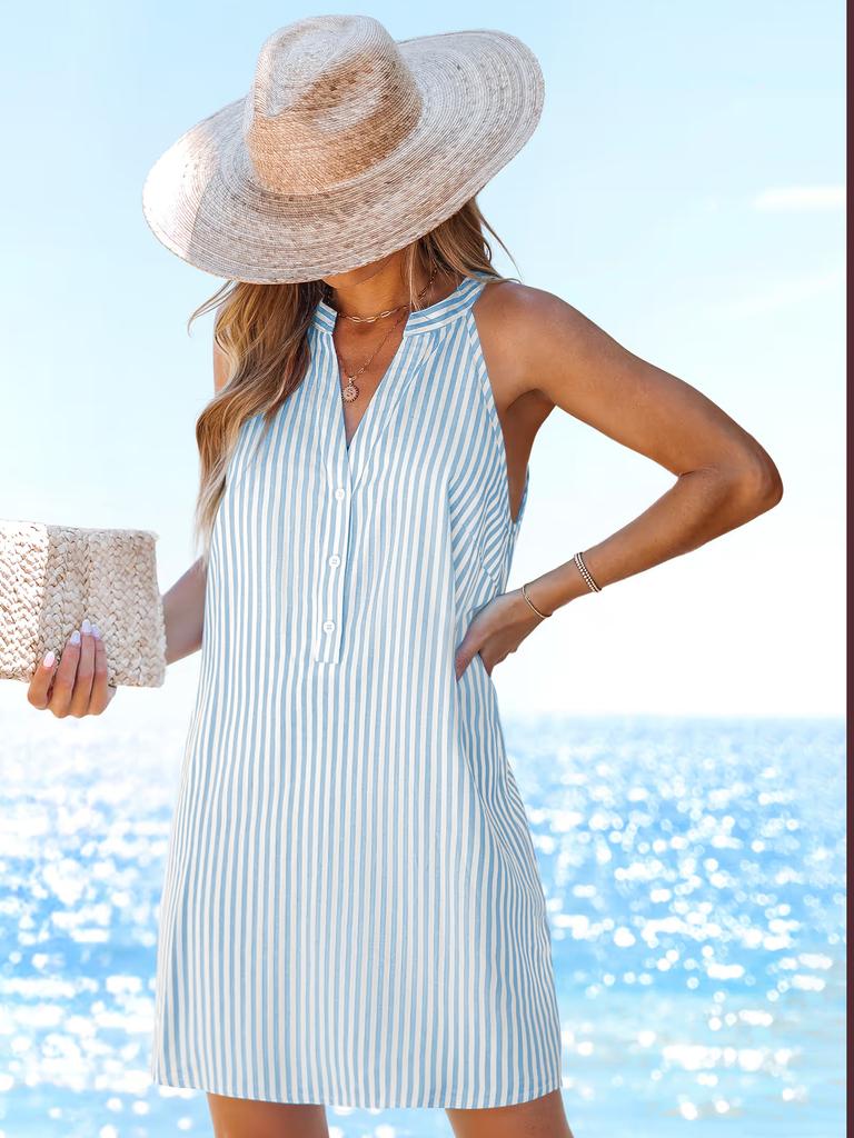 European and American fashion skirts, fresh stripes, contrasting colors, loose waist and thin V-neck button sleeveless dress