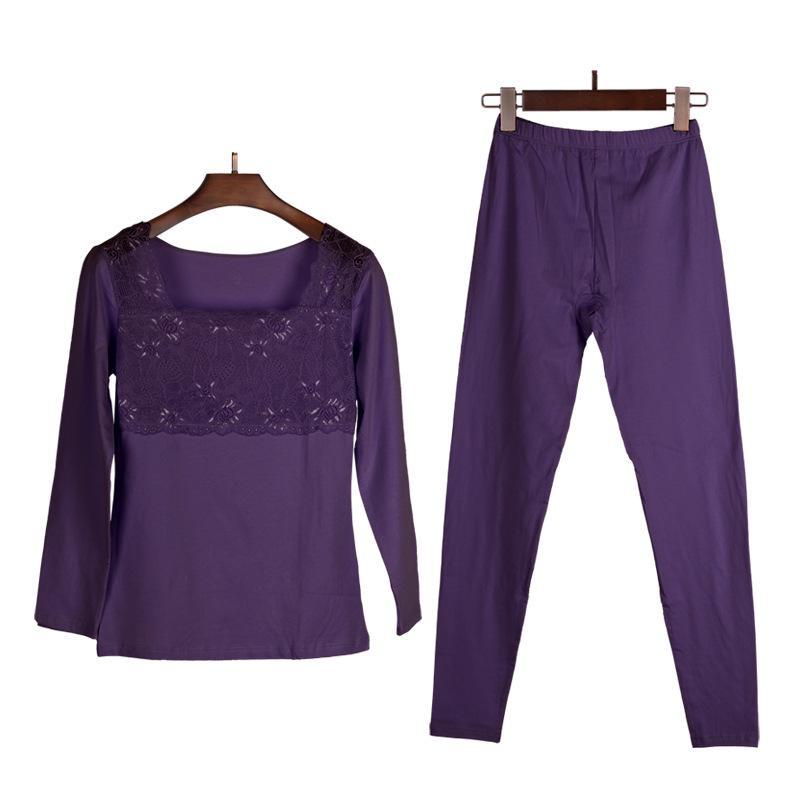 Women's Pure Cotton Lace Thermal Underwear Set - Autumn/Winter Long Sleeve & Bottoms