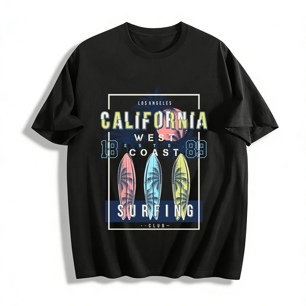 California West Coast Surfing Club Print Retro Palm Tree Surfboard Tee Pure cotton T-shirt XXS