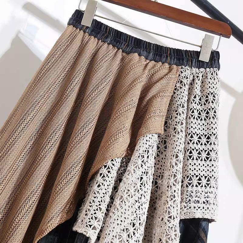 Spring Women New Skirts Plaid Loose Elastic Waist Pleated Elegant Long Skirts