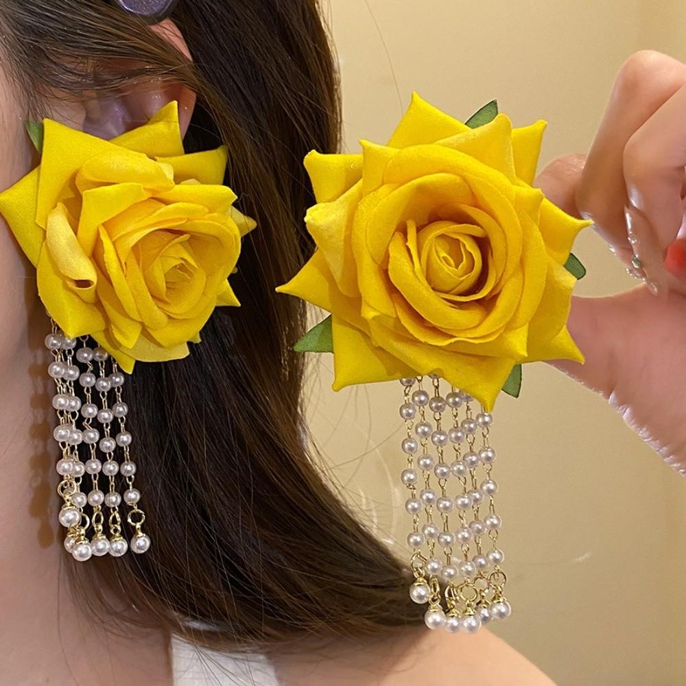 1 pair Bohemian Style Yellow Rose Earrings Chinese Rose Earrings  Festival Ear Accessories