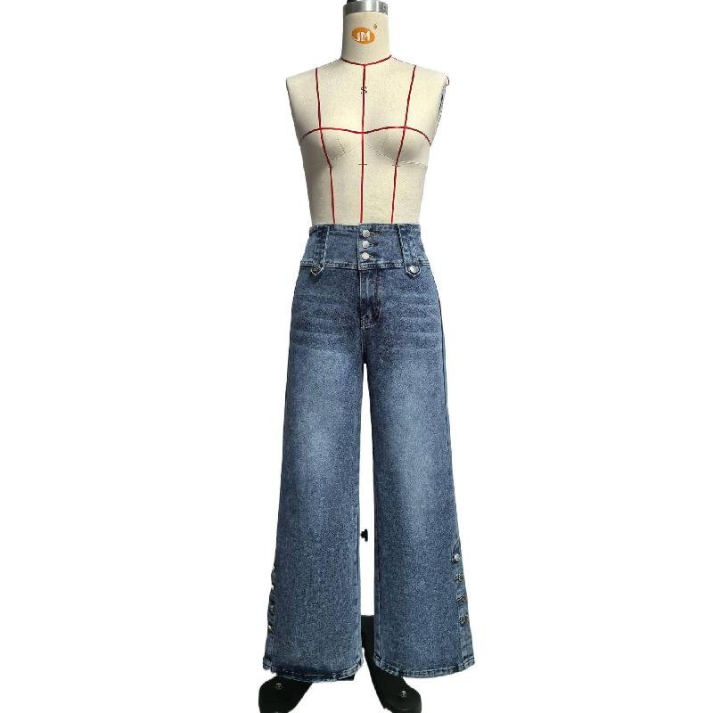 2026 Spring/Summer New Women's High-Waisted Vintage Buttoned Denim Wide-Leg Pants with Split Hem