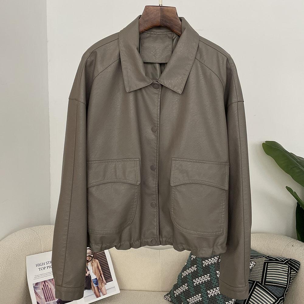 OFTBUY Women Vintage Loose Pu Faux Leather Short Jacket Casual Motorcycle Jacket Female Zipper Retro Moto Biker Coat Outwear Tops