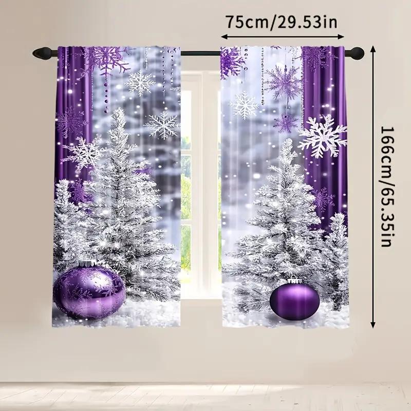 Set Of 2 Purple Snowflake Snowy Christmas Tree Curtains Light Blocking Polyester Holiday Home Decor Curtain Made With Rod Pocket