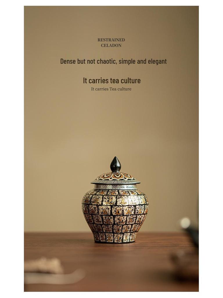 Ten Thousand Buddhas Gilded Silver Ceramic Tea Canister - Airtight Jar with Extra Large Capacity for Green, Black, and White Tea Storage.