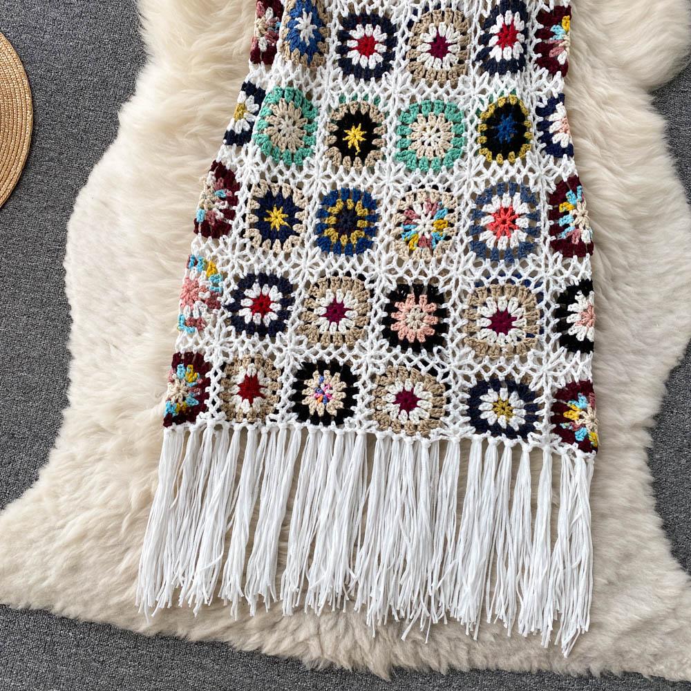 Vintage Embroidery Sunmmer Knitted Dresses Hook Flower Hollow Out Tassel Women Slim Dress Streetwear Fashion Design New Clothing