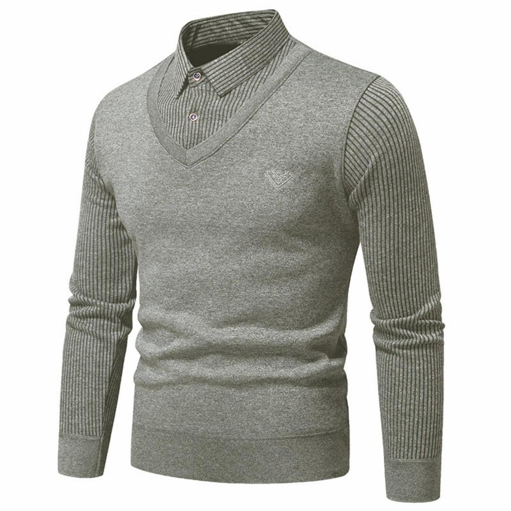 Men's Solid-color Casual Faux Two-piece Striped Pullover Knitted Sweater, Men's Square-neck Long-sleeved Knitted Warm Sweater