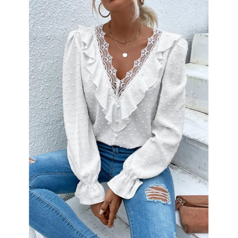 Spring New Elegant Lace Splicing Jacquard Shirt Long Sleeved White Sweet Women Blouse Ruffled Loose Tops Fashion Dots Simple Clothing