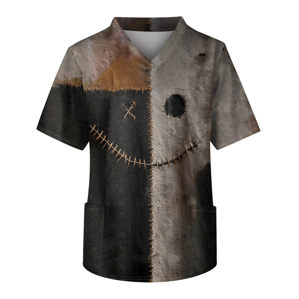 Men's Printing Short Sleeve V-neck Working Blouse Chest Pocket Carer Top