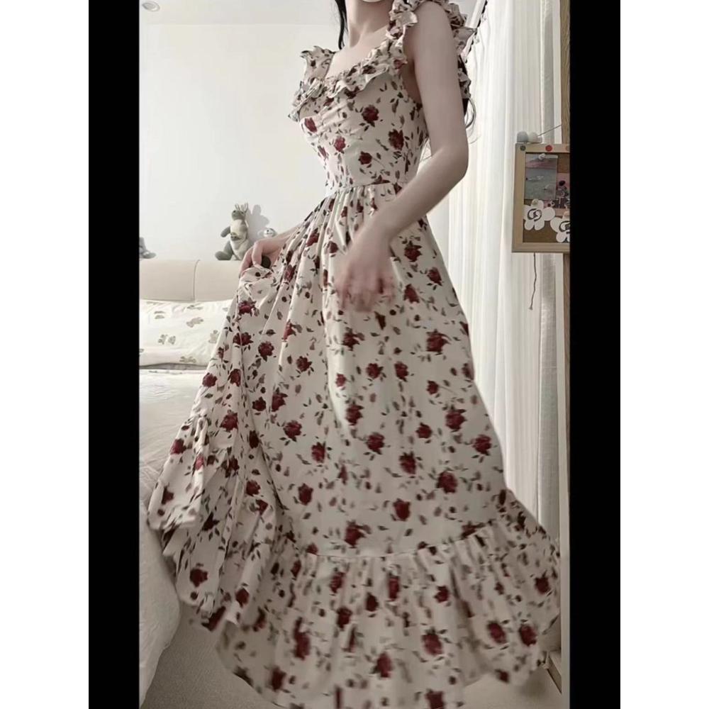 Sweet and gentle floral small flying sleeve dress women's high waist thin skirt summer medium and long dress new