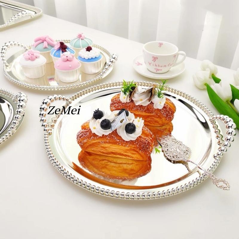 European Style Circle Shape Fruit Plate,31 cm Pearl Dot Silver Metal Cake Plate,Handheld Home Food Tray, Snack Disc Decoration