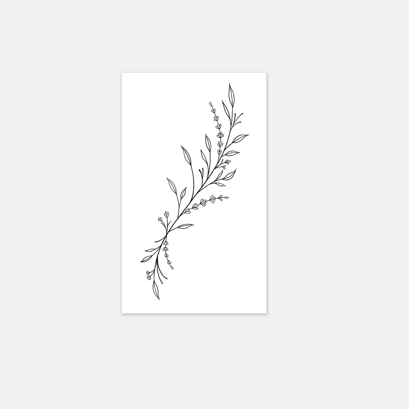 

Natural Branches And Leaves Small Flower Tattoo Stickers Minimalist Black Lines Long-Lasting Waterproof Forest Girly Style 9*15