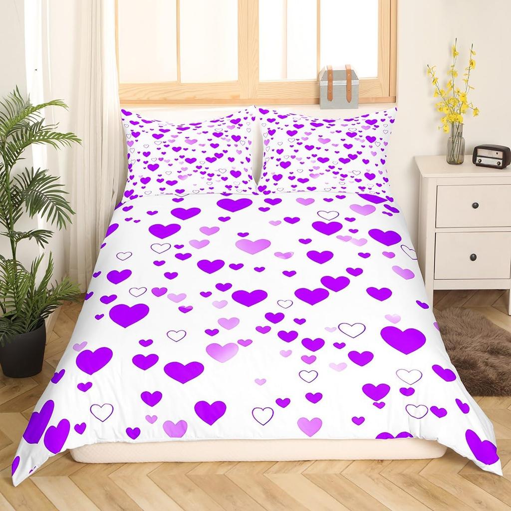 Valentinstag Bettwäsche Set Doodle Stil Kleines Herz Bettbezug Lila Rot Bettdeckenbezug Liebe Thema Polyester Steppdeckenbezug