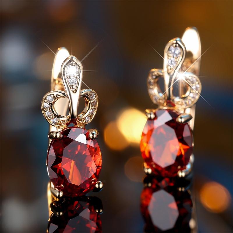 

1 пара сережек-капель с красным камнем золотистого цвета овальной огранки, серьги-подвески принцессы, украшения на День святого Валентина красный