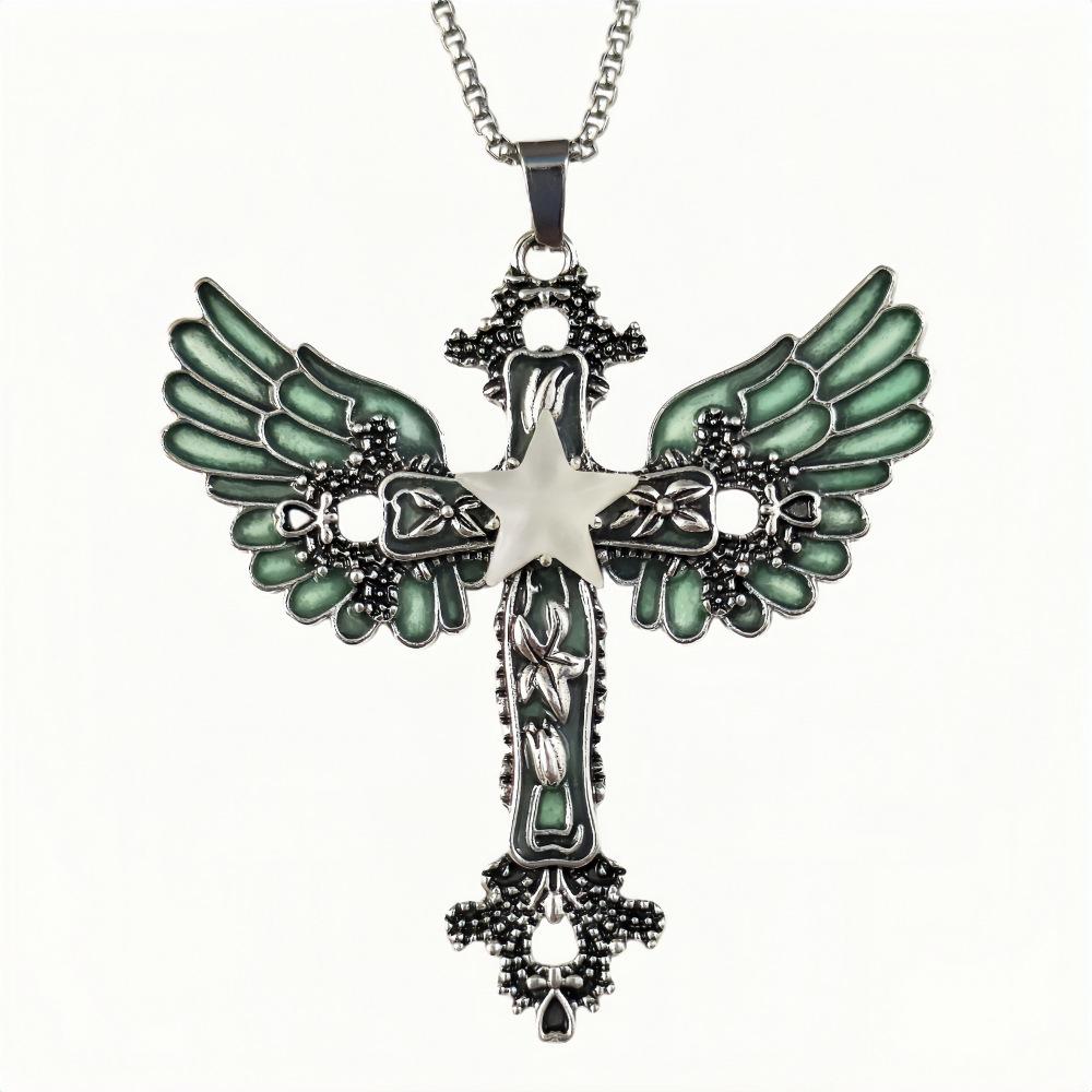 Pendente Croce Stella a Cinque Punte Alare Design Retrò Occhio Notturno Accattivante Tendenza Collana Fluorescente Personalizzata
