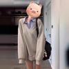 {Original Buhua Cotton Pure Cotton} Fake Two Pieces Gray Sweater Jacket Autumn Women's Loose Versatile Polo Collar