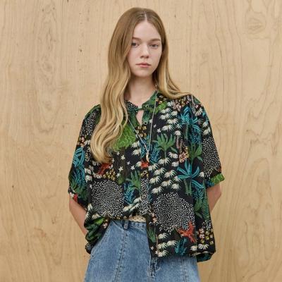 Botanical Pattern Shirring Balloon Chiffon Short Sleeve Blouse Ze07qb501na