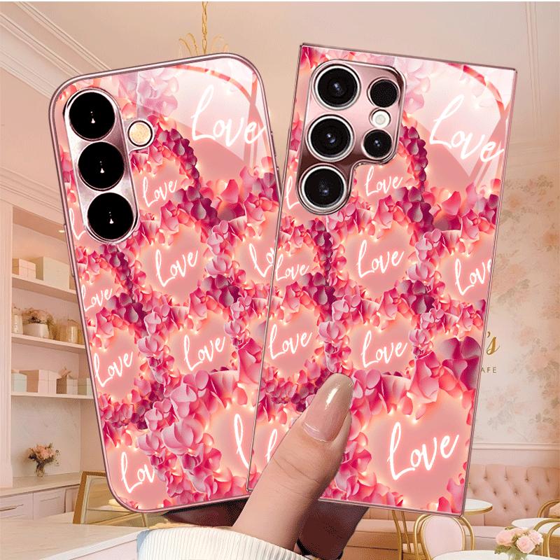 Stylish Pink Love Petal fashion phone cases mobile phones Glass phone case for Samsung Galaxy S26 S25 S24 S23 S22 FE Ultra Plus