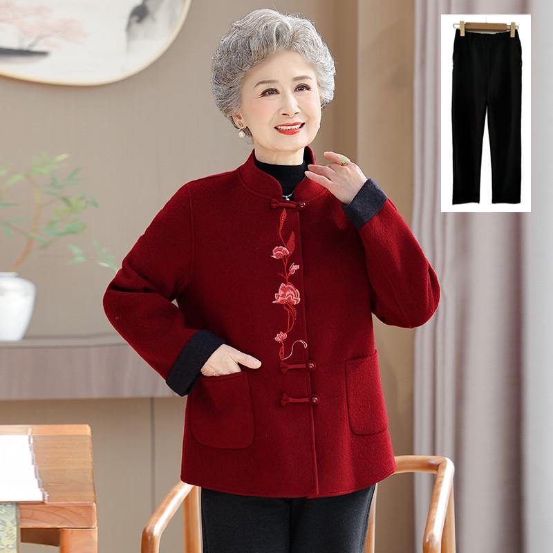 Women's Embroidered Spring Wool Coat with Stand Collar - Perfect for Mothers and Grandmothers, New Year Tang Suit Style.