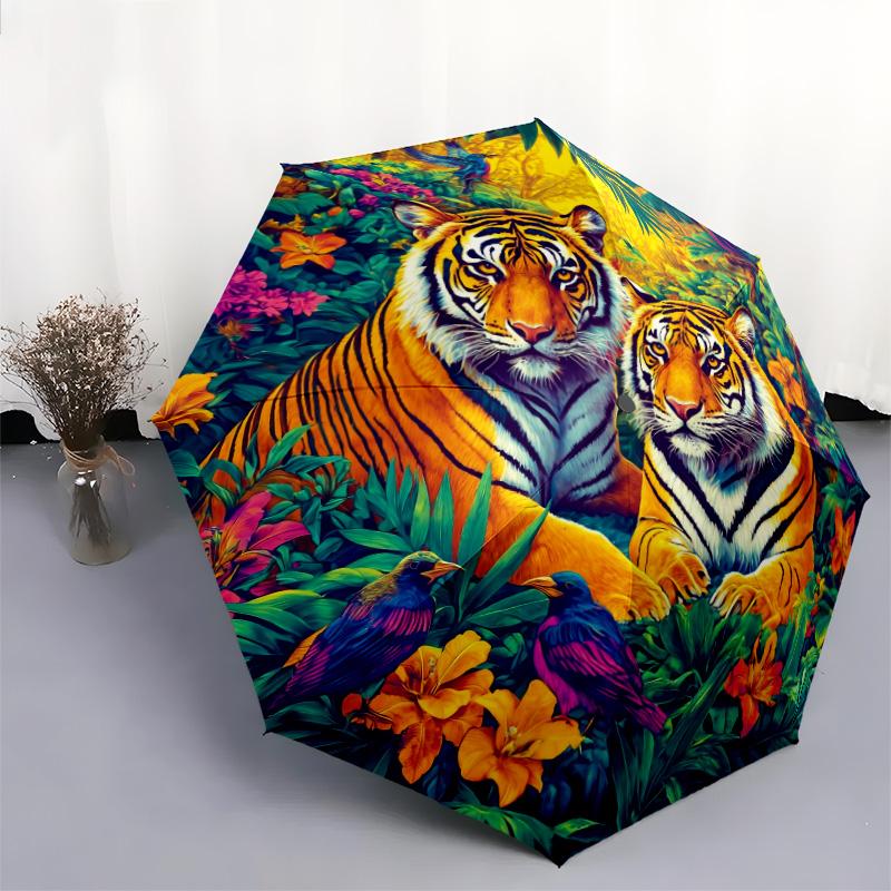 Tiger Parrot Pattern, Automatic Folding Umbrella, Portable and Foldable Design, 8 Ribs, a Christmas or Birthday Gift.
