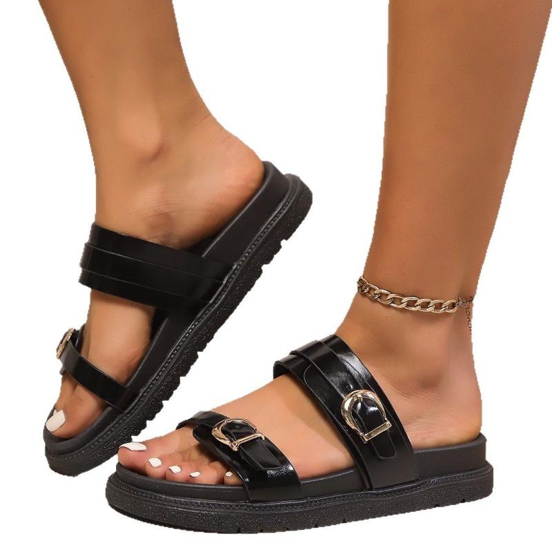 New Summer Round Toe Fashion Belt Buckle One Strap Women's Chunky Sole Slide Sandals